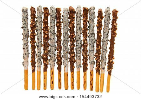 Pepero Chocolate stick cookie dessert white background