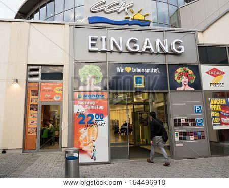 KEHL GERMANY - OCT 18 2016: Main entrance to the Edeka City Center Koehler. The Edeka Group is the largest German supermarket corporation currently holding a market share of 26%