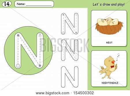 Cartoon Nightingale And Nest. Alphabet Tracing Worksheet: Writing A-z And Educational Game For Kids