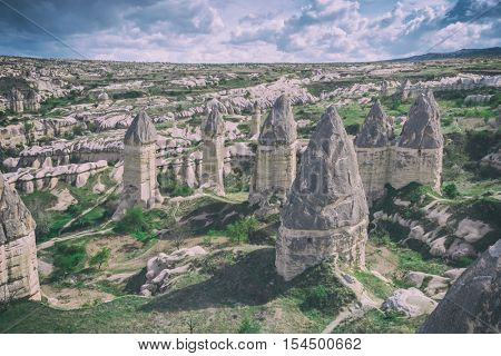 Famous Love valley in Cappadocia, Turkey, toned like Instagram filter