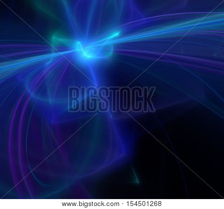 Black abstract background with nebula texture. Blue or turquoise orbit striped trail. Fractal cosmos pattern.