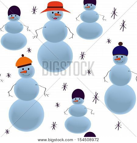 Seamless snowmen family wearing hats and wishing Merry Christmas.