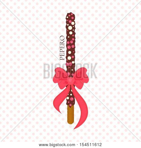 Pepero card design template with South Korean chocolate stick and a bow. Biscuit covered with chocolate and festive sprinkles on dotted background. Food vector illustration.