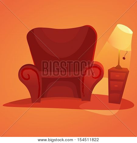 Cozy home stuff. red sofa. cartoon armchair and luminous table lamp Isolated object background.