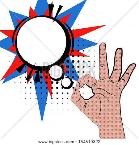 Hand sign comic retro pop art style white round bubble. Gestures okay. Cartoon comic vector colored speech bubble. Dothand drawn finger, ok sign. Like positive hand sign.