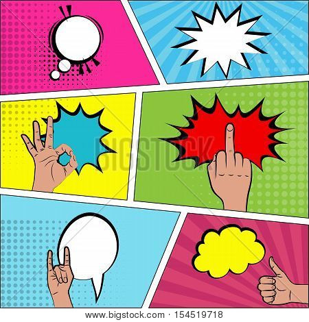 Hand signs comic retro pop art style. Gestures big set. Cartoon comic vector colored set. Halftone hand drawn finger, ok sign, thumb up, middle finger, peace. Like and dislike hand signs.