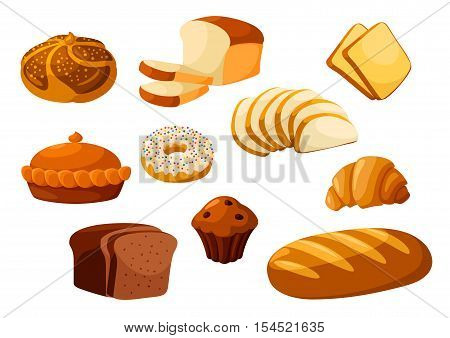 Bakery shop isolated vector flat icons. Baked bread products wheat, rye bread loafs, bagels, sliced bread toasts, croissant, chocolate muffin, donut, meat and fruit pie. Elements for bakery, pastry design