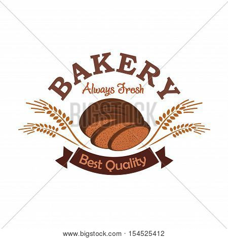Bakery shop emblem with rye sliced bread. Best quality bread product label design. Vector icon of brown rye bread loaf sliced, rye ears, brown ribbon with text
