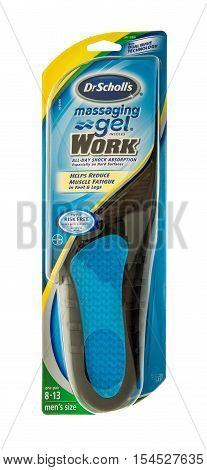 Winneconne WI - 2 November 2016: Package of Dr Scholl's massaging gel insoles on an isolated background.