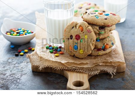 Chocolate chip and candy cookies with milk