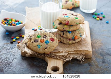 Chocolate chip and candy cookies with milk