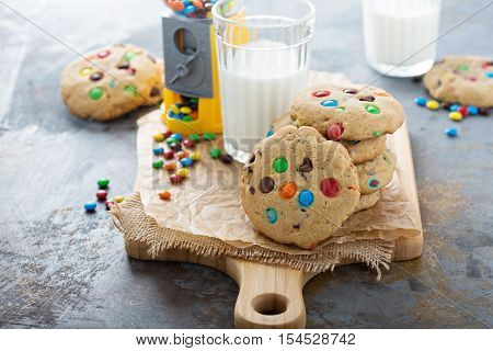 Chocolate chip and candy cookies with milk