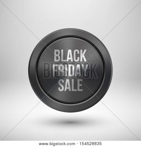 Black fiday sale badge, abstract technology circle perforated button with metal texture, chrome, silver, steel and realistic shadow for logo, design concepts, interfaces, apps. Vector illustration.