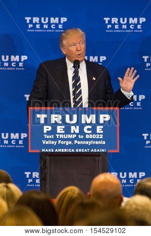 King of Prussia PA - November 1 2016: Donald Trump the Republican nominee for President promises major changes in healthcare during campaign stop near Valley Forge in Pennsylvania.