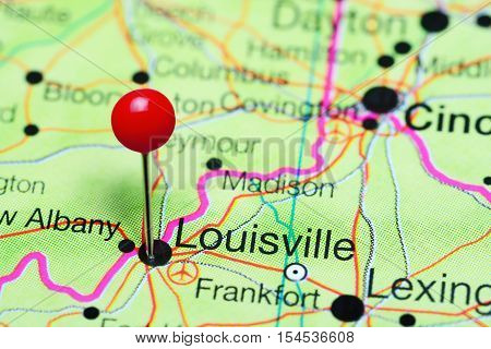 Louisville pinned on a map of Kentucky, USA
