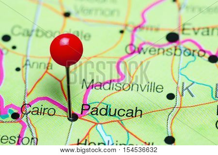 Paducah pinned on a map of Kentucky, USA