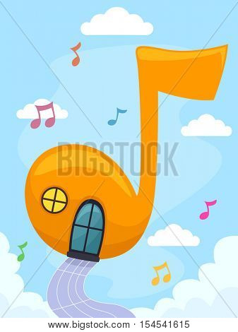 Whimsical Illustration of a Colorful Floating House Shaped Like a Musical Note