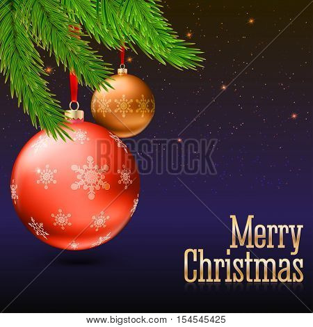 Christmas balls with green fir branches on the background with flash and Christmas lights. Realistic vector bright balls with snowflakes. Greeting card with golden text, editable eps 10