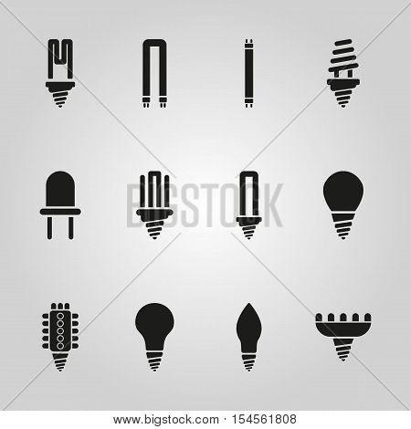 The light bulb icon, set of 12 icons. Lamp and bulb, lightbulb symbol.UI. Web. Logo. Sign. Flat design. App. Stock vector