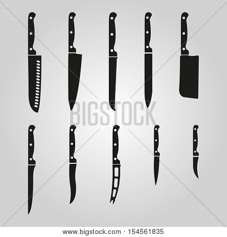 The knife icon, set of 10 icons. Knife and chef, kitchen symbol.UI. Web. Logo. Sign. Flat design. App. Stock vector