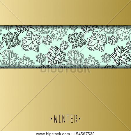Horizontal seamless border frame. Winter polygonal trendy style snowflakes on mint gold background. Winter holidays snowfall concept. Vector illustration stock vector.