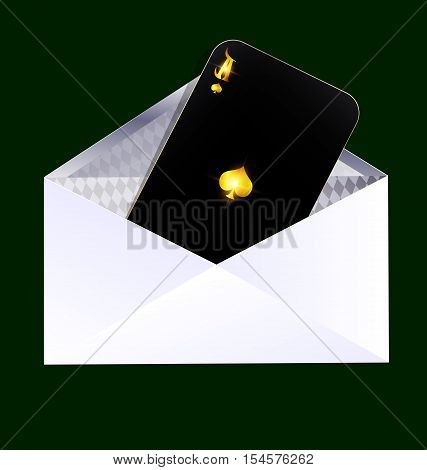 dark green background and the dark envelope with black card of ace inside