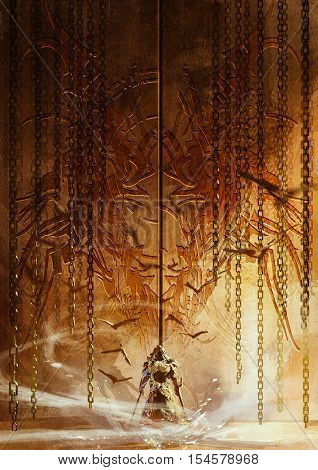 knight standing in front of the huge gate, digital painting