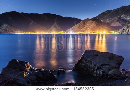 night sky under Adrasan bay. Adrasan village location, District of Kemer, Antalya Province, Turkey
