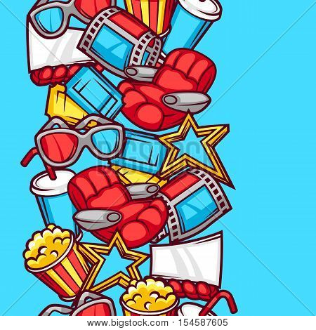 Seamless pattern of 3d movie elements and cinema objects in cartoon style.