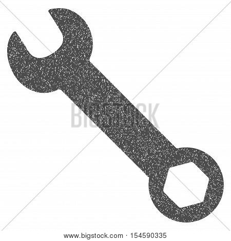 Wrench grainy textured icon for overlay watermark stamps. Flat symbol with dust texture. Dotted vector gray ink rubber seal stamp with grunge design on a white background.