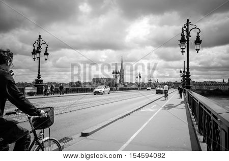 Old stony bridge in Bordeaux, France Europe