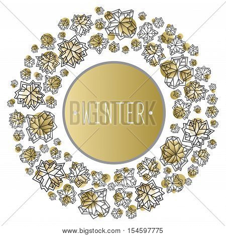Round snowflakes concept design with winter label. Polygonal trendy style snowflakes on gold white background. Winter holidays snowfall design. Vector illustration stock vector.