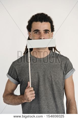 Hipster Man Voiceless Covering Mouth Speechless Concept