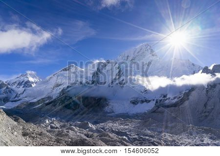 Beautiful landscape of Everest and Lhotse peak from Gorak Shep. During the way to Everest base camp. Sagarmatha national park. Nepal.