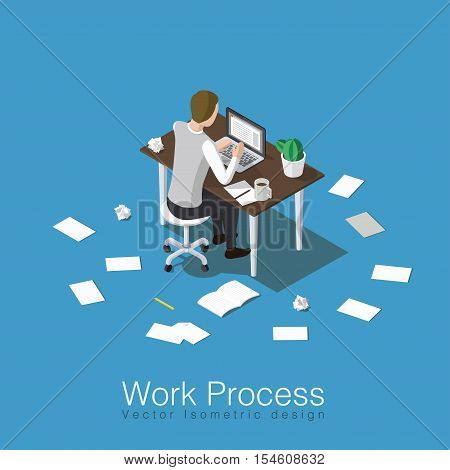 Work process concept isometric vector illustration. Office worker doing his job or student studying some subject. Sitting over the table with lots of papers all around.