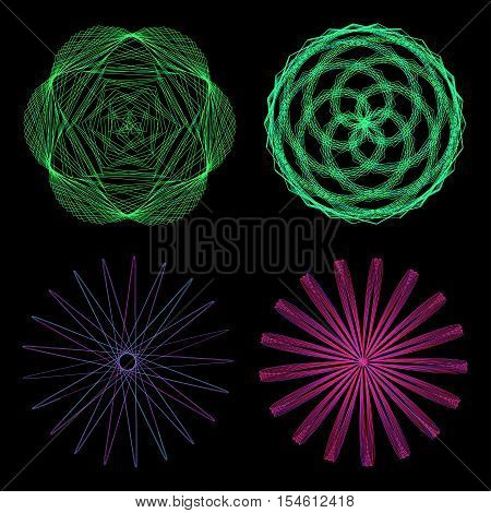 Set of mandalas. The ornament a circular geometric pattern frames spirogram. Oriental pattern. Concentric radiating graphic. Abstract circular spiral element. Vector illustration on isolated background.
