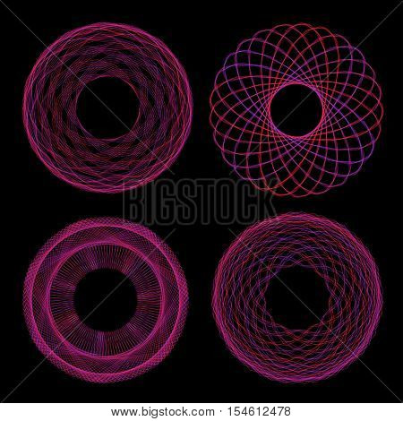 Set of mandalas. The ornament a circular geometric pattern frames spirogram. Oriental pattern. Concentric radiating graphic. Abstract circular spiral element. Vector illustration on isolated background.