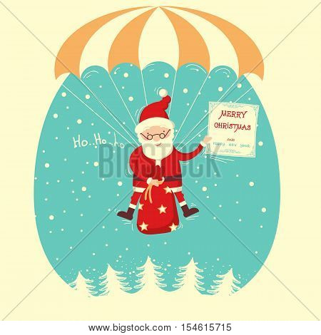 Santa Claus Flyiing On Parachute In Snow Blue Sky.vector Illustration
