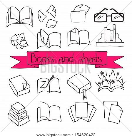 Hand drawn set of reading icons: stack of books, paper document, glasses, folder, bookshelf.