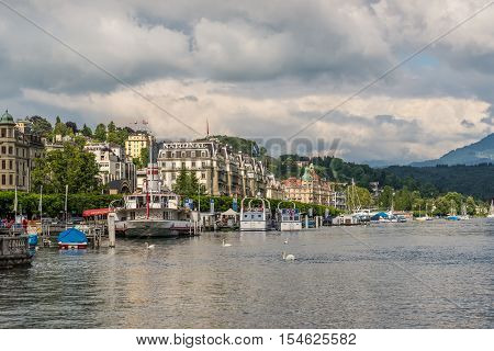 Lucerne Switzerland - May 24 2016: Cityscape of Lucerne on the Lake Lucerne Switzerland. Lucerne is a city in central Switzerland it is the capital of the Swiss Canton of Lucerne.