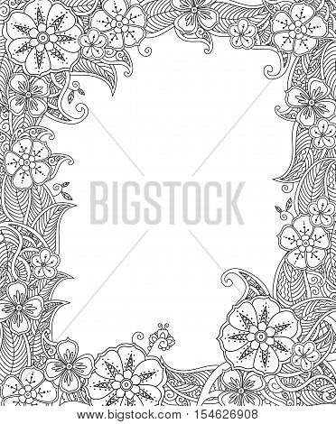 Floral hand drawn vertical frame in zentangle inspired style. Doodle flowers decorative border. Coloring book for adult and children. Editable vector illustration.
