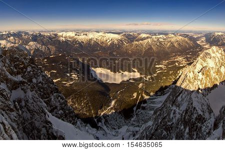 Beautiful View From Highest Mountain Peak Zugspitze Near Garmisch Partenkirchen. Bavaria, Germany.