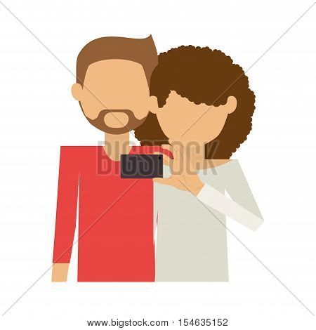 half body of couple and curly woman take selfie vector illustration