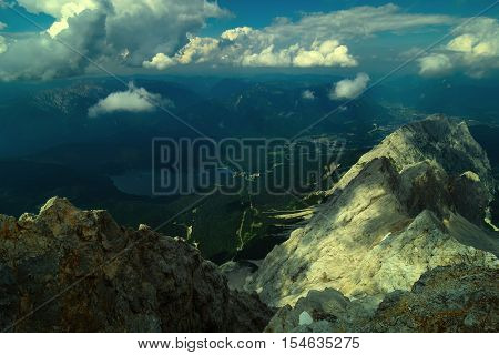 Beautiful View From Highest Mountain Peak Zugspitze Near Garmisch Partenkirchen. Summer Day With Ama
