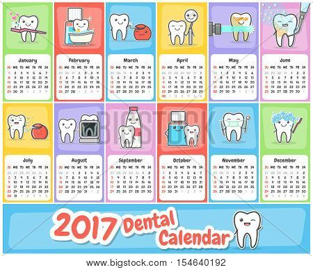 Wall dental calendar 2017. New year stomatology planner. Funny cartoon teeth and oral hygiene concept. Toothcare. Week starts Sunday. Horizontal orientation. Vector Illustration