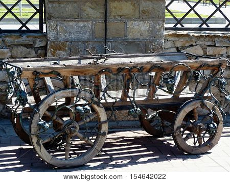 Old wooden horse cart. Close-up. Kuban, Russia