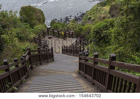 JEJU ISLAND - OCTOBER 25 2016: Long stairways down the hillJeju Island South Korea.