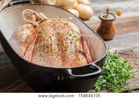 Closeup Of Spiced Raw Chicken Wirh Hebrs
