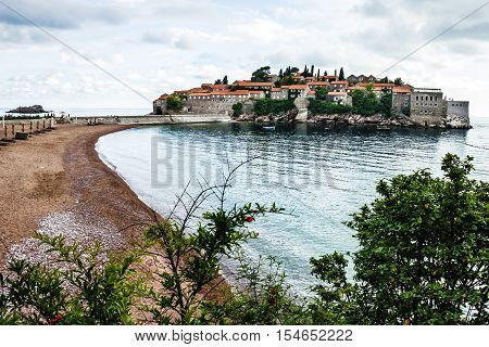 Summer resort landscape Island of Saint Stephen Budva Adriatic sea Montenegro