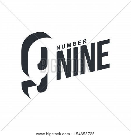 Black and white number nine diagonal logo template, vector illustrations isolated on white background. Graphic logo with diagonal logo with three dimensional number nine